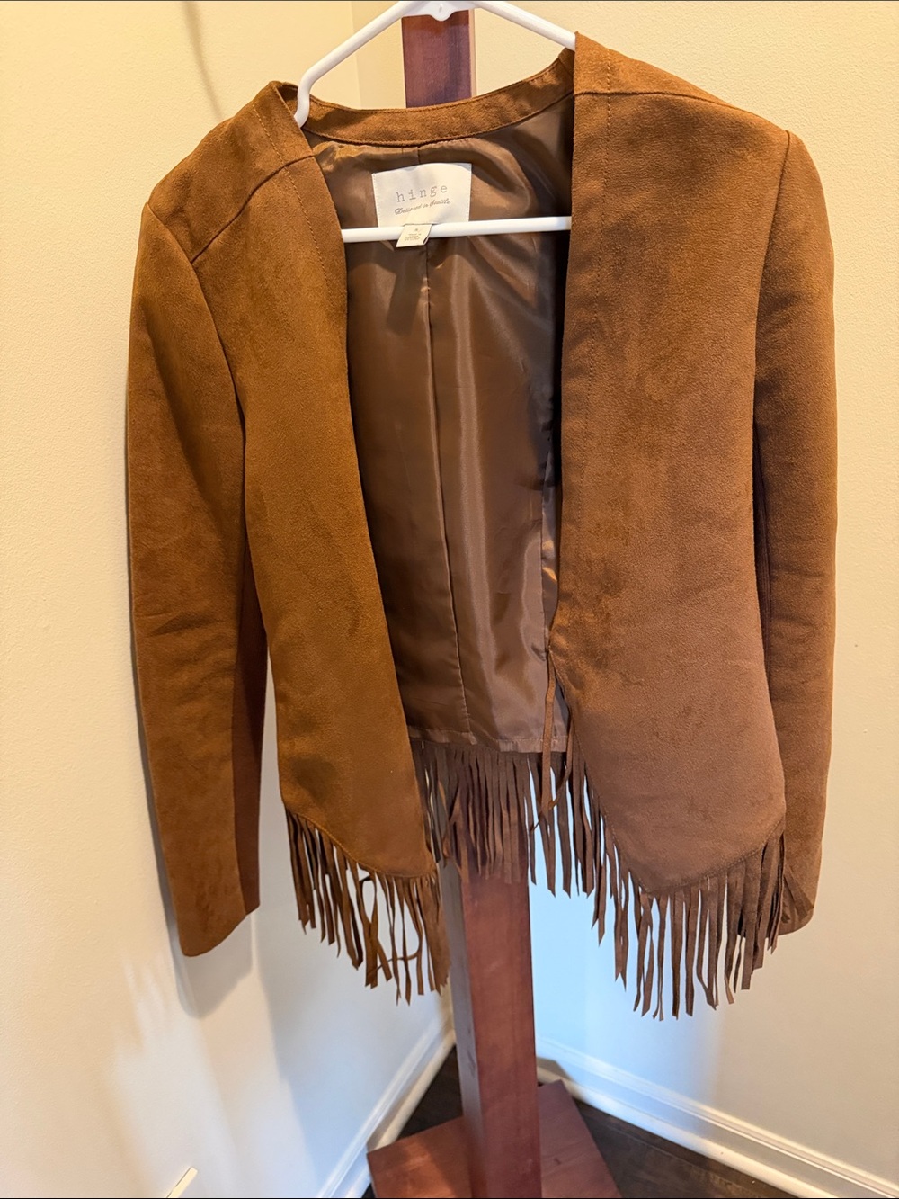 hinge Brown Faux Suede Fringe Open Jacket